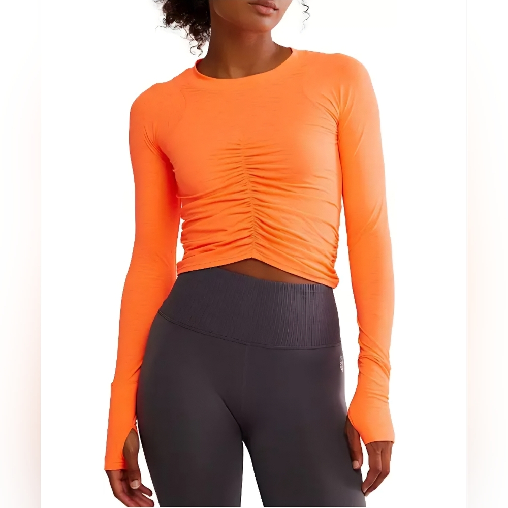 FP Movement Tempo Ruched Long Sleeve Top In Neon Coral, NWT